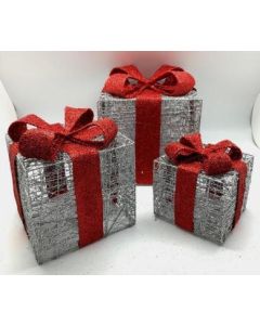 Silver Presents with Red Bow & lights – Set of 3 (Min Order Qty 1 Set) *Coming September*