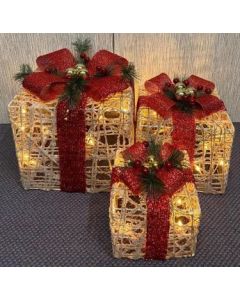 Christmas - Presents Jute Red Bow with 45 LED Lights Set of 3 (Min Order Qty: 1)