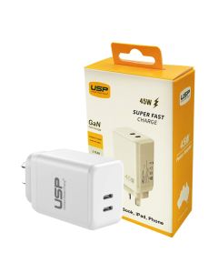 45W GaN Power Adaptor Dual USB-C PD-White (Min Order Qty 3)