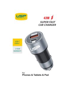 43W USB A + TYPE C Fast Car Charger USP (Min Order Qty 3)